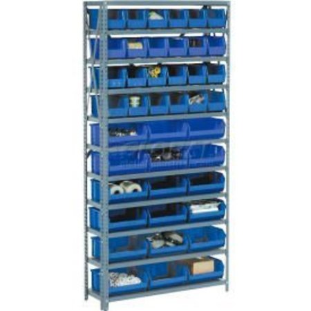 GLOBAL EQUIPMENT Steel Open Shelving with 36 Blue Plastic Stacking Bins 10 Shelves - 36x18x73 603254BL